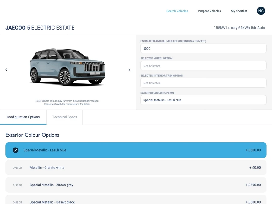 The Combiine configurator: choosing a vehicle's colour, wheels and trim, with the price of each option